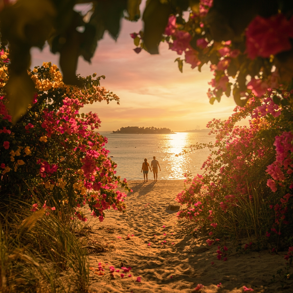 A couple on a romantic beach with tropical flowers in the foreground